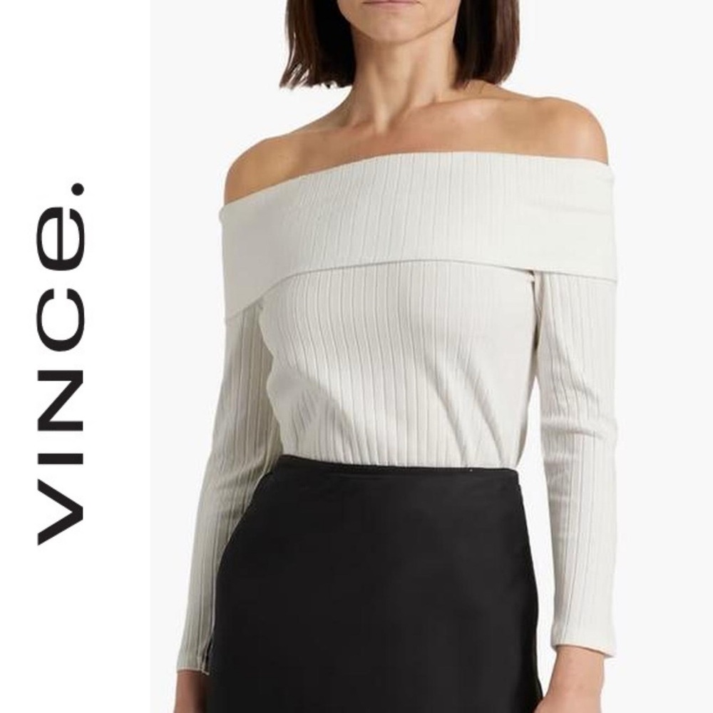 VINCE Off Shoulder Ribbed Long Sleeve Top in Cream Size XS NWOT